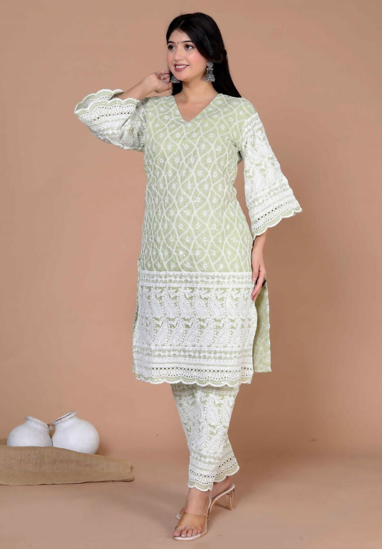 Miravan Women's Green Embroidery Chikankari Kurta And Palazzo