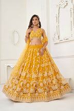 Aastha Fashion Mustard Yellow Butterfly Net White Cotton Thread Work And Sequence Work Embroidery Wedding Wear Lehenga Choli