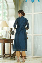 Juniper Blue Chanderi Festive Embroidered Polka Dot Printed A-Line Kurta For Women - Distacart