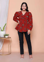 Miravan Womens Brown Animal Printed Balloon Sleeves V Neck Butterfly Top - Distacart