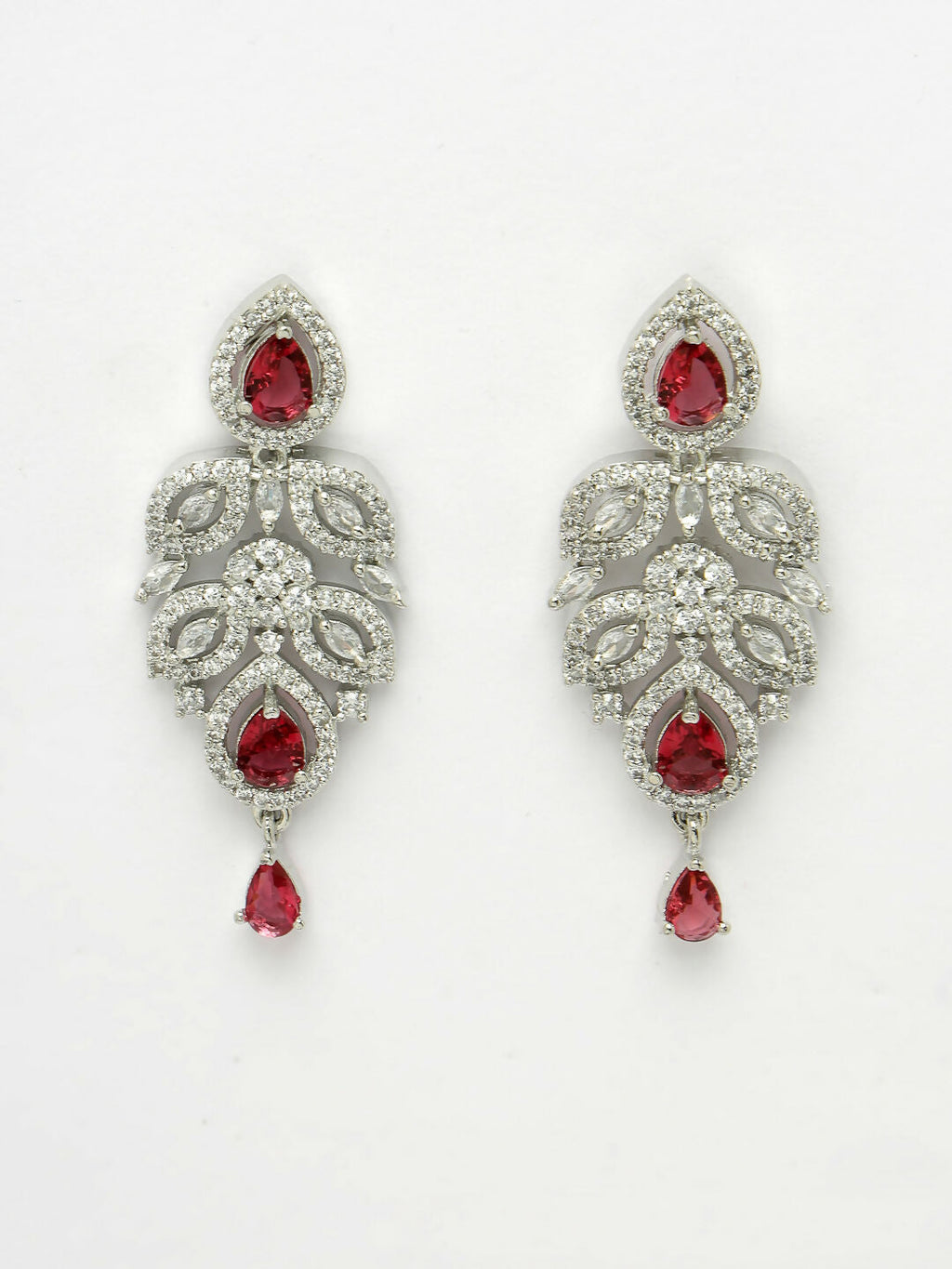 NVR Women's silver plated Maroon CZ stone handcrafted jewellery set
