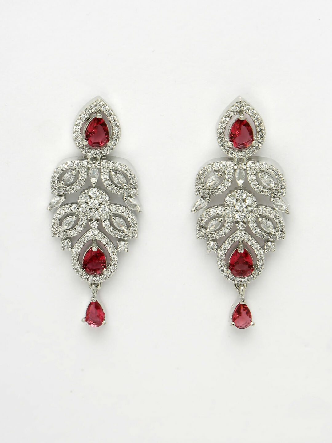 NVR Women's silver plated Maroon CZ stone handcrafted jewellery set