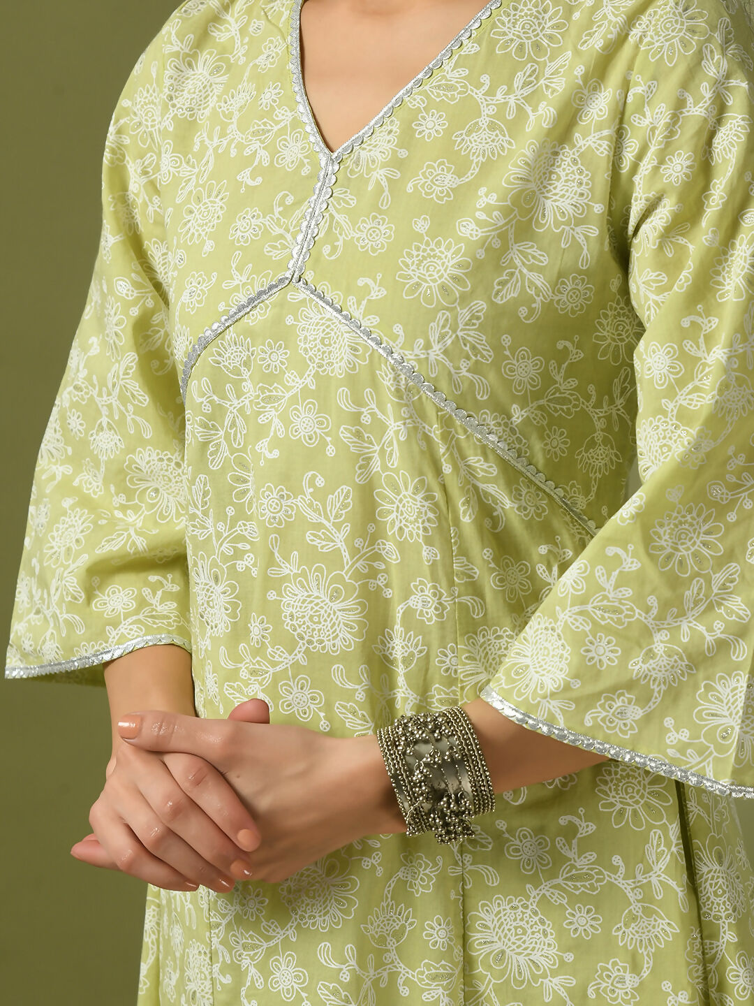 Myshka Women'sLime Green Printed Cotton Anarkali Party Kurta Set