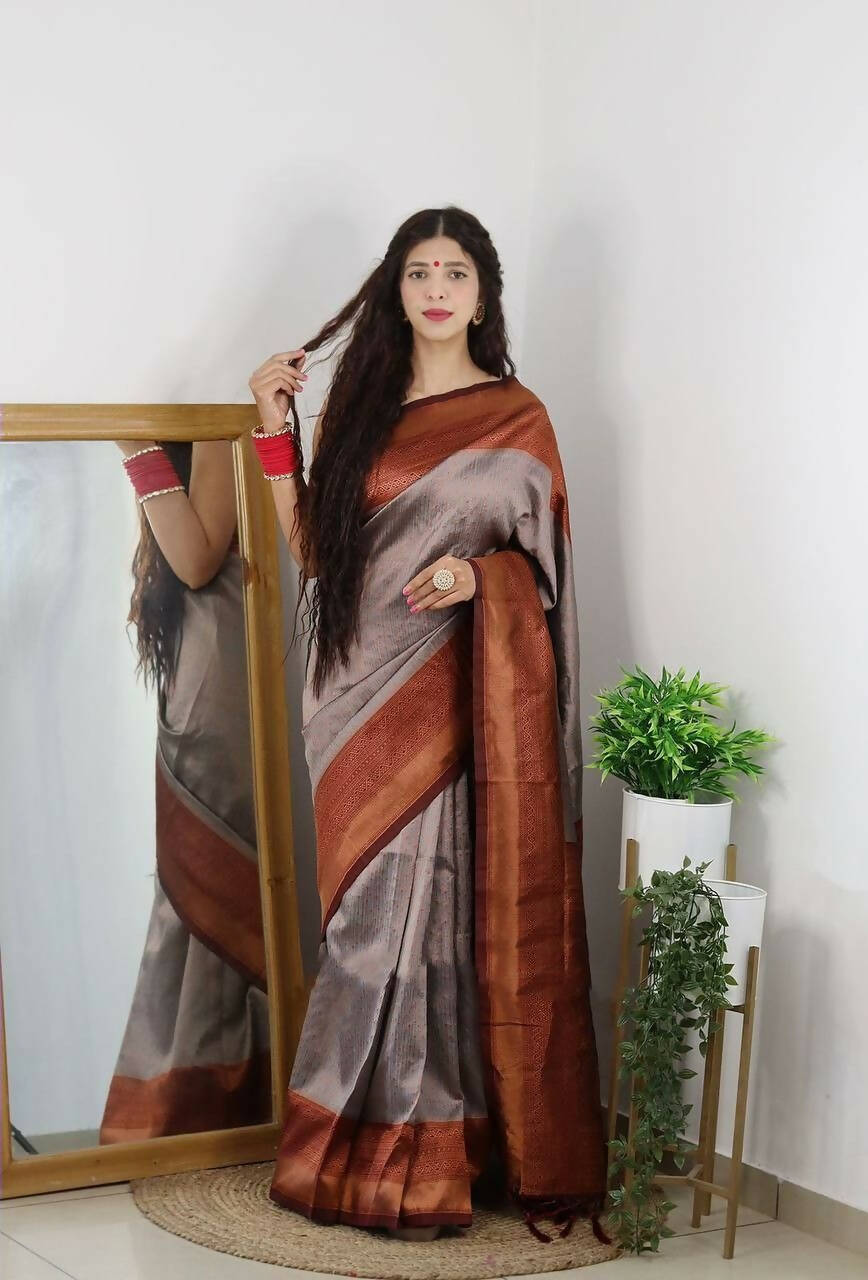 DEIANA'S Beautiful Designer Golden zari Soft Lichi Silk Saree - Cream