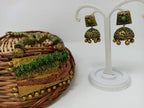 Terracotta Green and Gold Kerala Style Rowing Boat Pendant Long Necklace Set with Temple Earrings