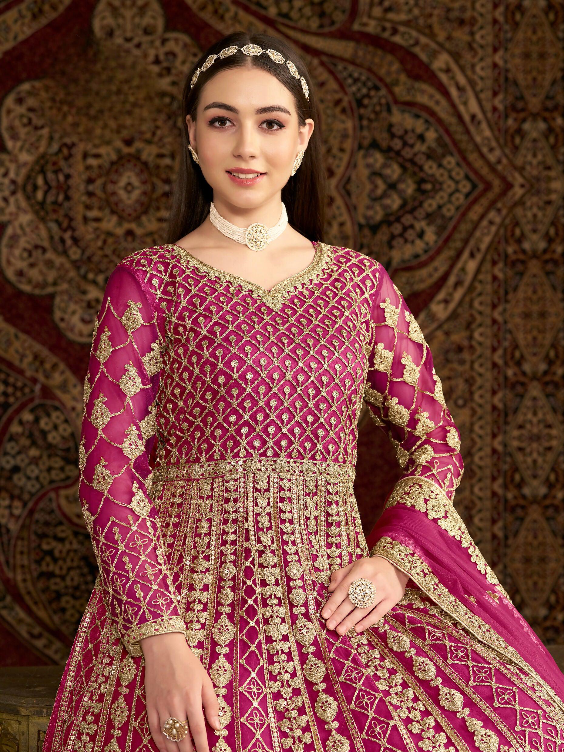 Anaita Rani Pink Embroidered Net Stitched Anarkali Suit - Distacart