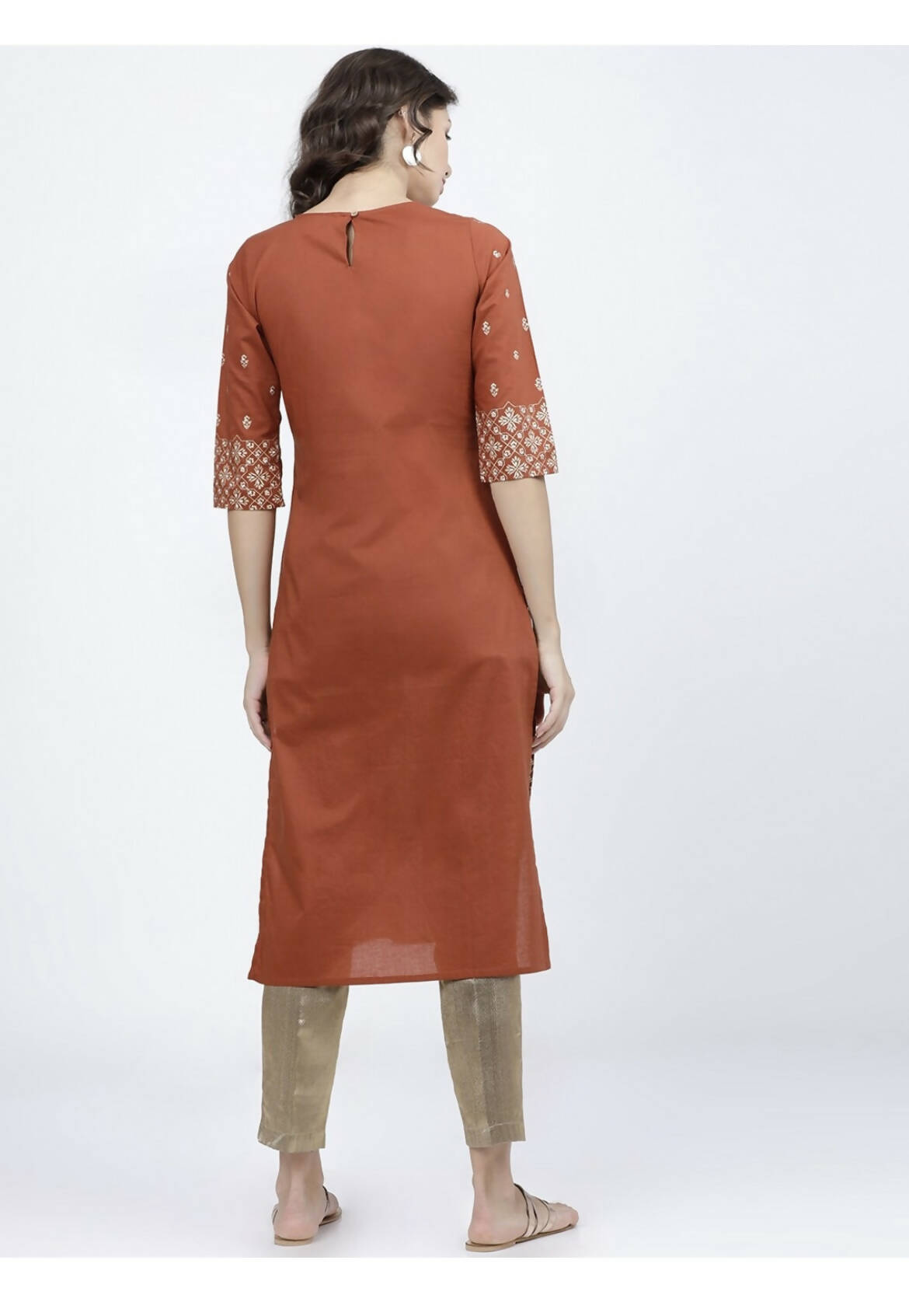 Indian Clothing Cheera Embellished Daily Wear Cotton Blend Kurta - Brown