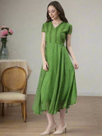 Souchii Green Printed Midi Dress – Flowy Fit & Flare