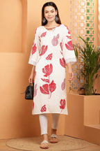 Cheera Women Stylish Hand Block Printed Cotton Blend Flared Kurta - Off White