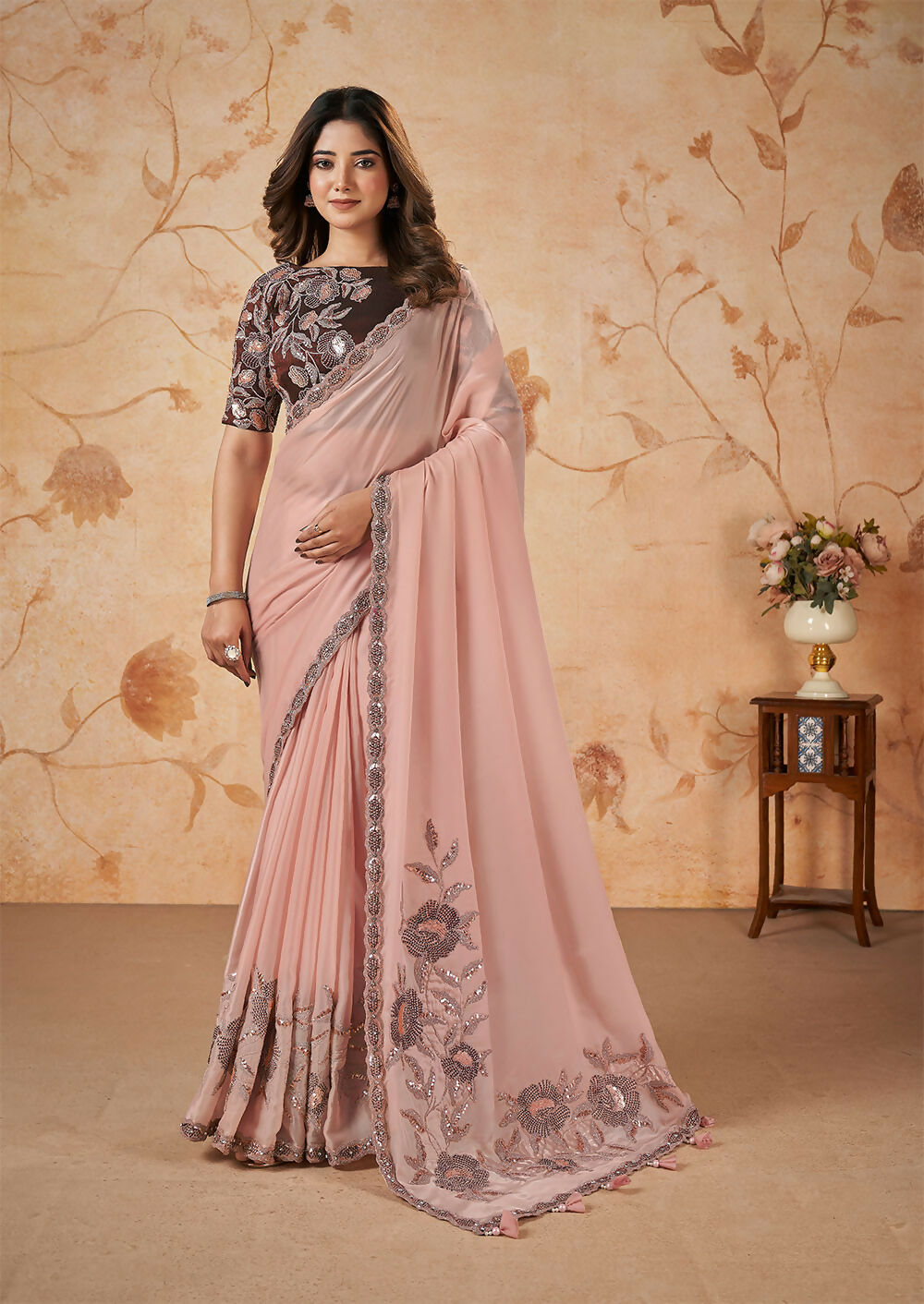 Peach Crepe Satin Silk Thread, Sequence, Cord Embroidered with Stone Work Saree - Mohmanthan Dakshika