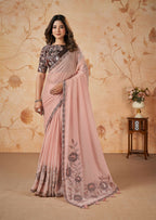 Peach Crepe Satin Silk Thread, Sequence, Cord Embroidered with Stone Work Saree - Mohmanthan Dakshika