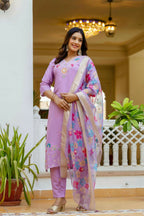The52 Lavender Women's Gorgeous Embroidered work Viscose Gadhwal Fabric Straight Kurta, Pant and Dupatta Set - Distacart