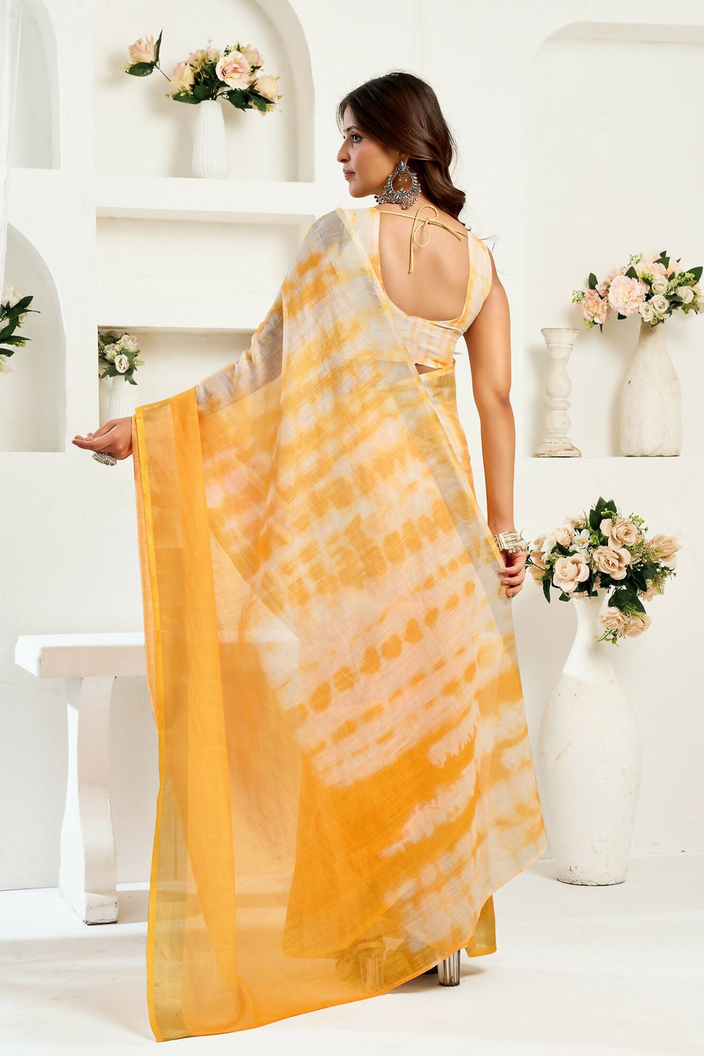 Vastranavya Yellow White Digital Printed Linen Ready To Wear Designer Saree with Unstitched Blouse - Distacart