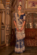 Dark Blue P V Silk Digital Print, Zari Work Printed Saree - Rewaa Parampara