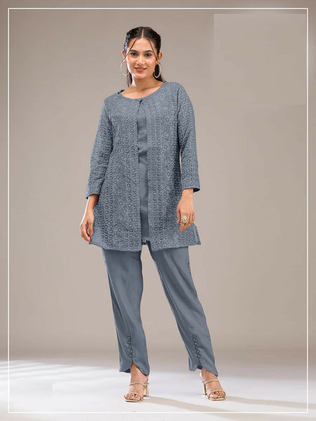 Teeya Creation Grey Color Faux Georgette Party Wear Designer Co Ord Set