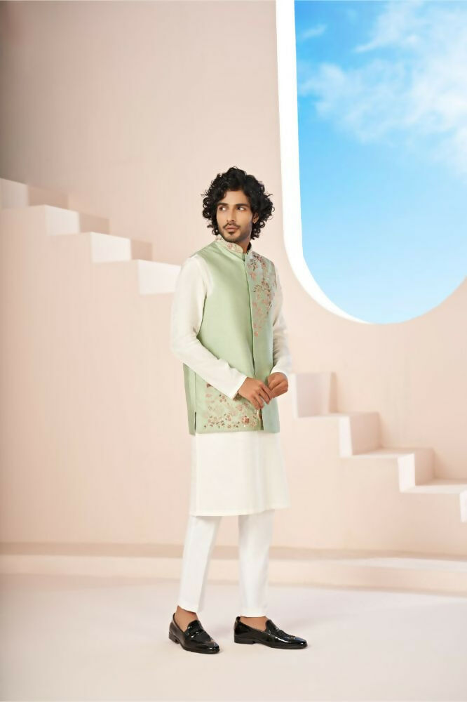 Olive Green Hand Embroidered Nehru Jacket by Hilo Design