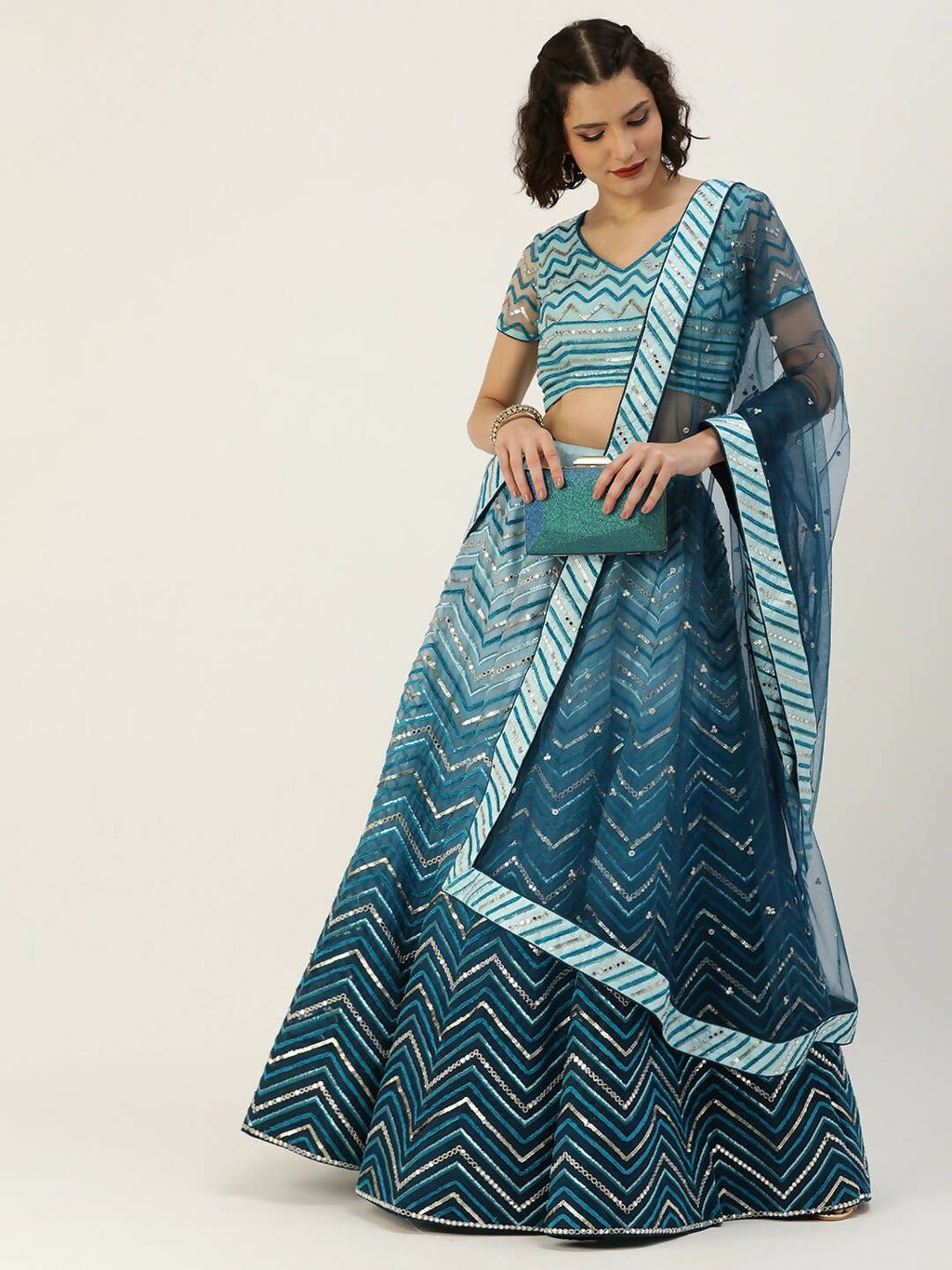 House of Panchhi Women Teal shading Net Mirror Embroidered Lehenga & Blouse with Dupatta