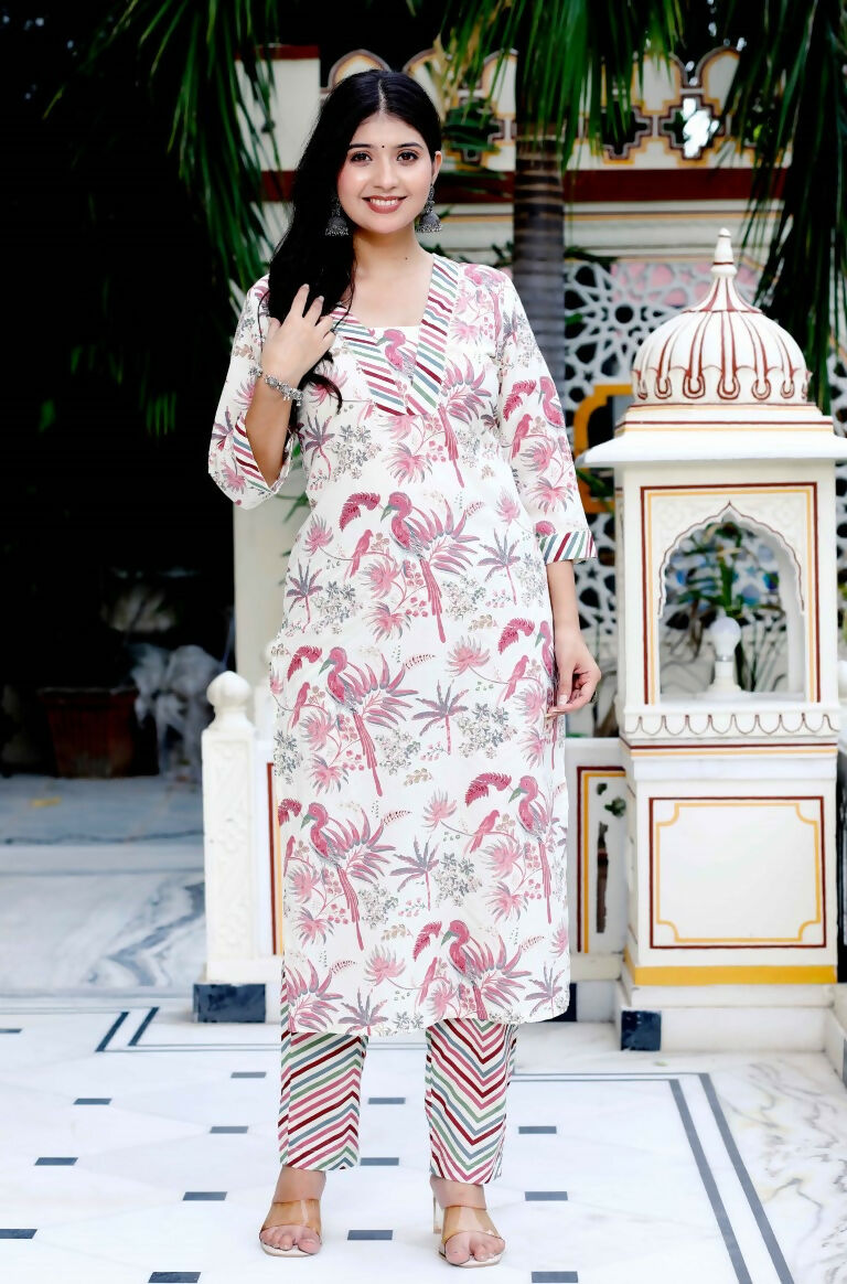 Miravan Women's Cotton Light Pink Floral Printed Straight Pakistani Style Kurta And Palazzo
