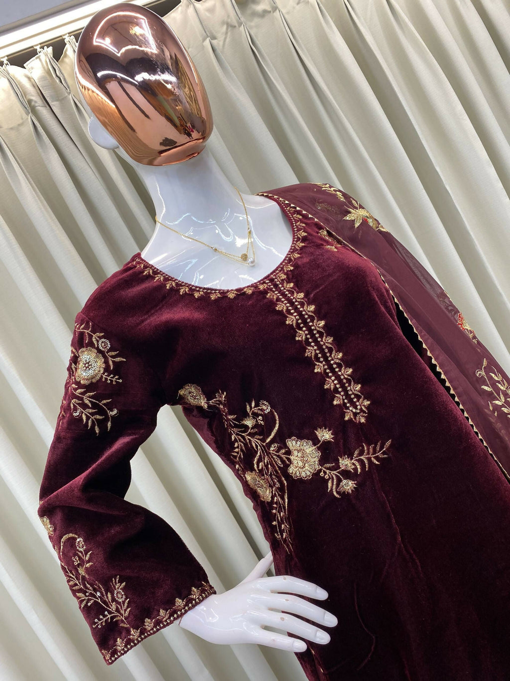 Vastranavya Wine Velvet Sequence Embroidery Work Kurta & Palazzo With Dupatta
