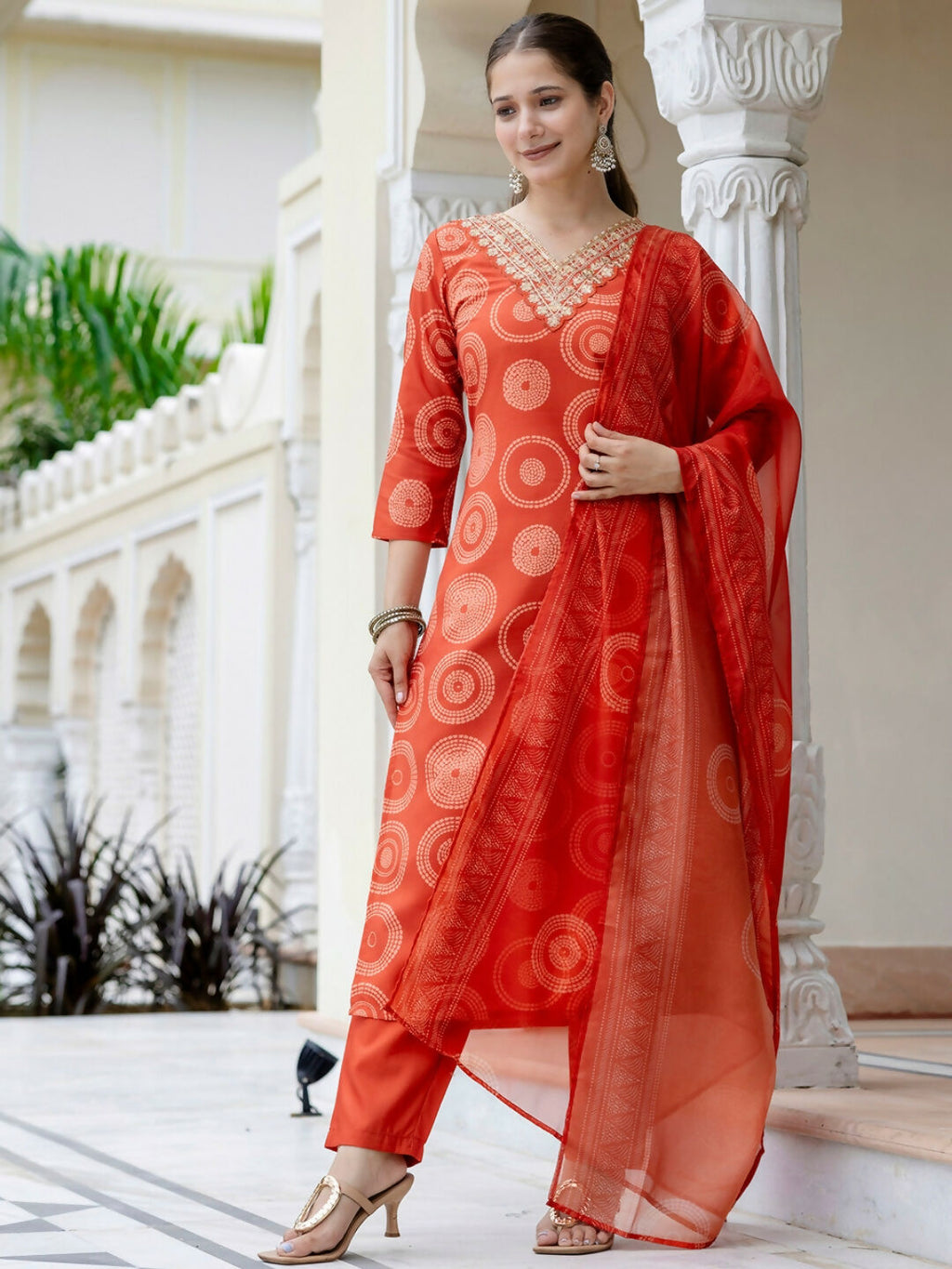 The52 Orange Women's Gorgeous Rayon Embroidered Straight Kurta with Pant And Dupatta Set - Distacart