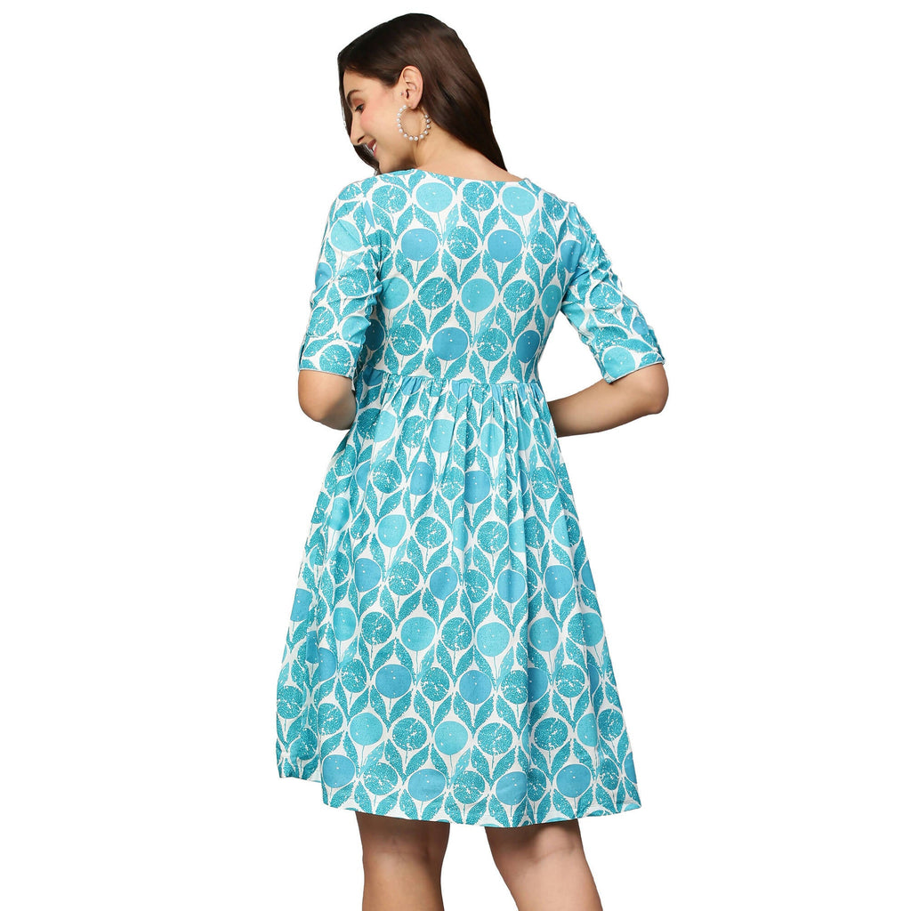 Blue & White Ethnic Motifs Printed Cotton A-Line Dress - Poonam - Distacart