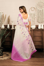 Vastranavya White Lavender Digital Printed Linen Ready To Wear Designer Saree with Unstitched Blouse - Distacart