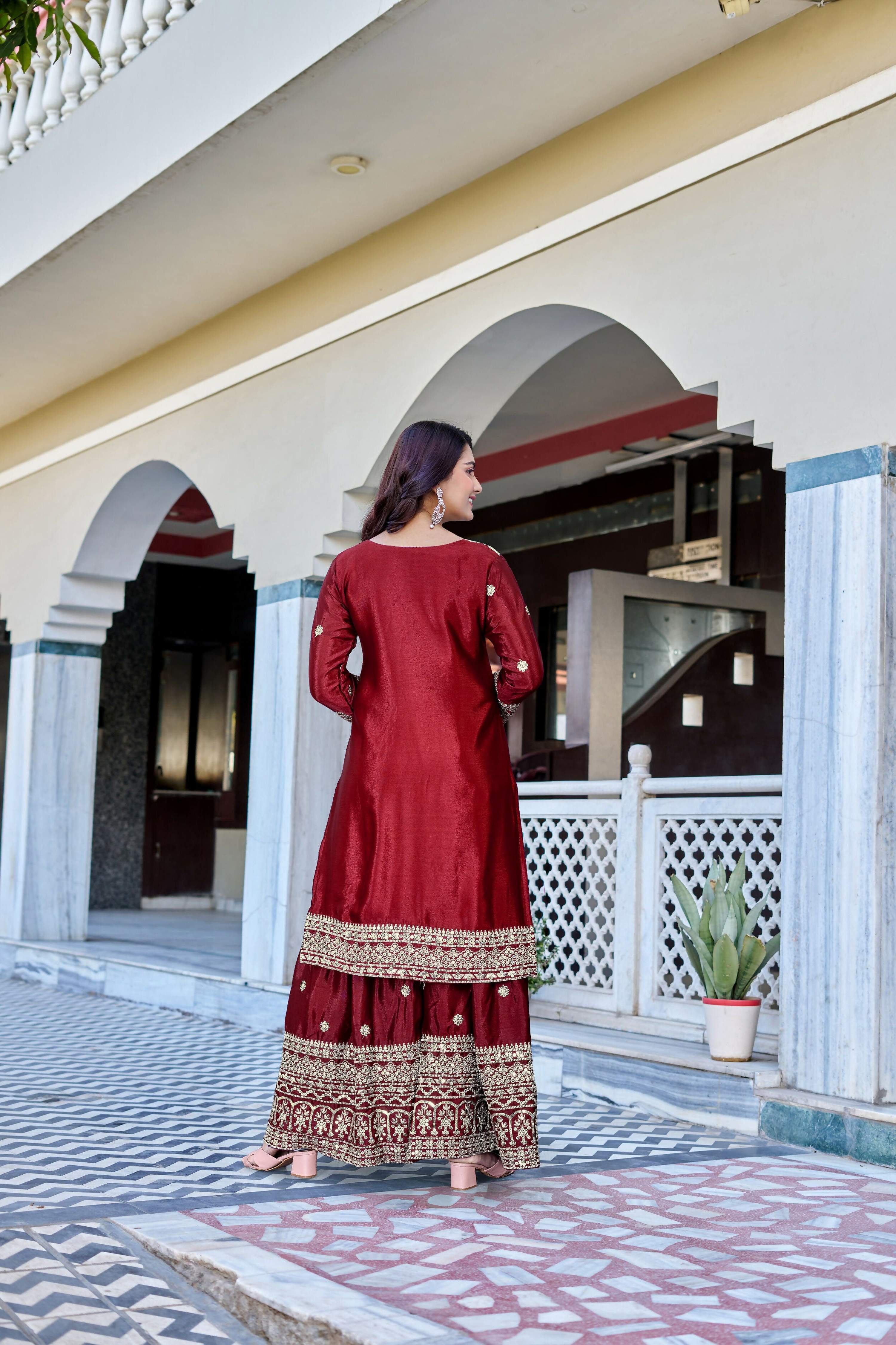 Teeya Creation Maroon Color Chinon Silk Heavy Embroidery Work Wedding Wear Sharara - Distacart