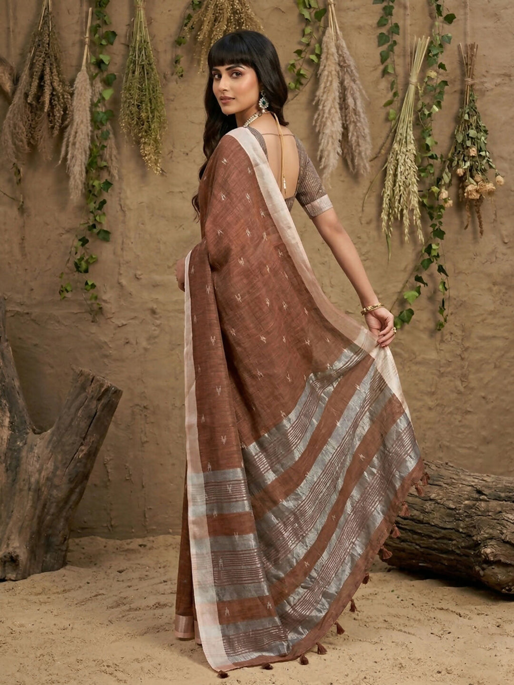 Shree Shyam Fashion Brown Linen Cotton Saree - Distacart