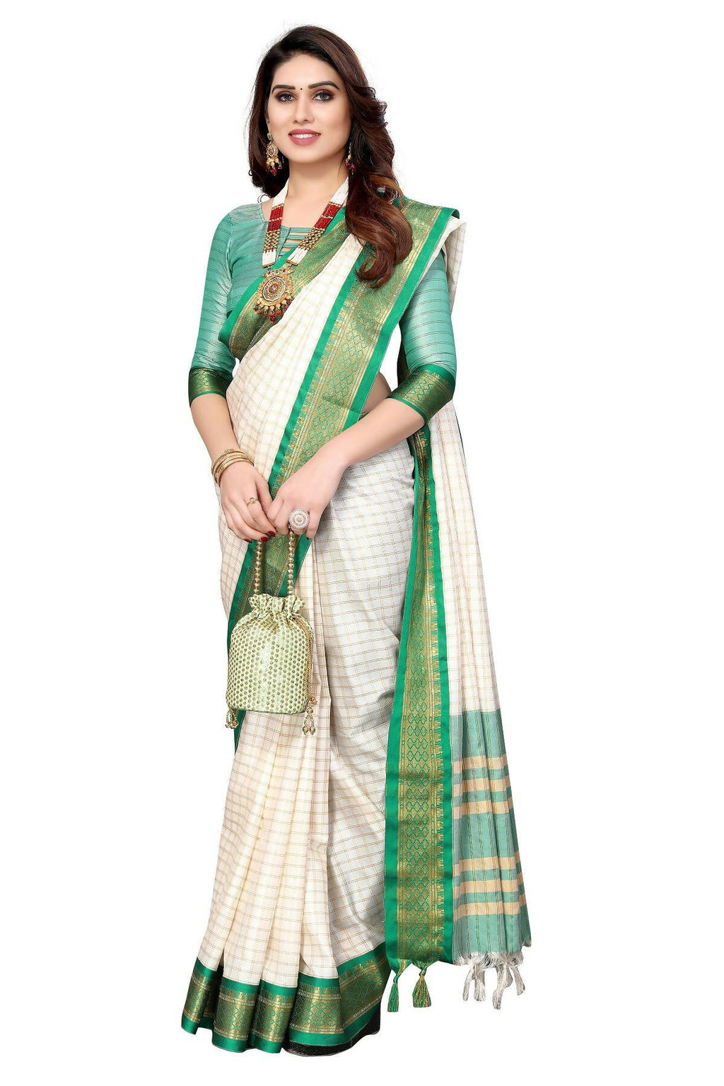 Vamika Weaving White Cotton Silk Saree (DEVAL GREEN) - Distacart