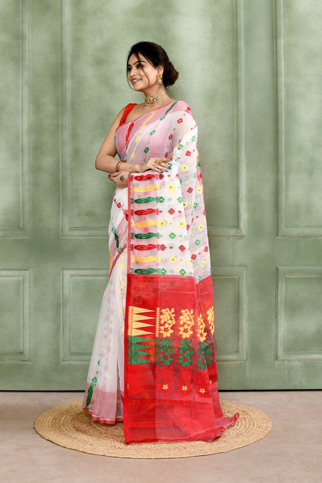 Piyari Fashion Women's White Embellished Cotton Blend Jamdani Saree - Distacart