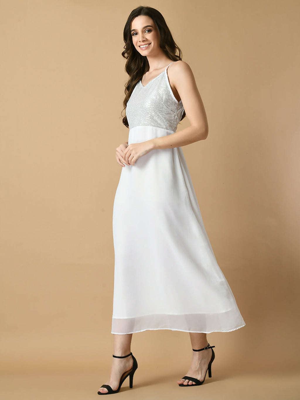 Myshka Women's White Solid Georgette Party Dress - Distacart