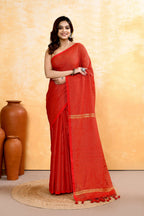 Piyari Fashion Women's Red Embellished Cotton Blend Zari Check Handloom Saree - Distacart