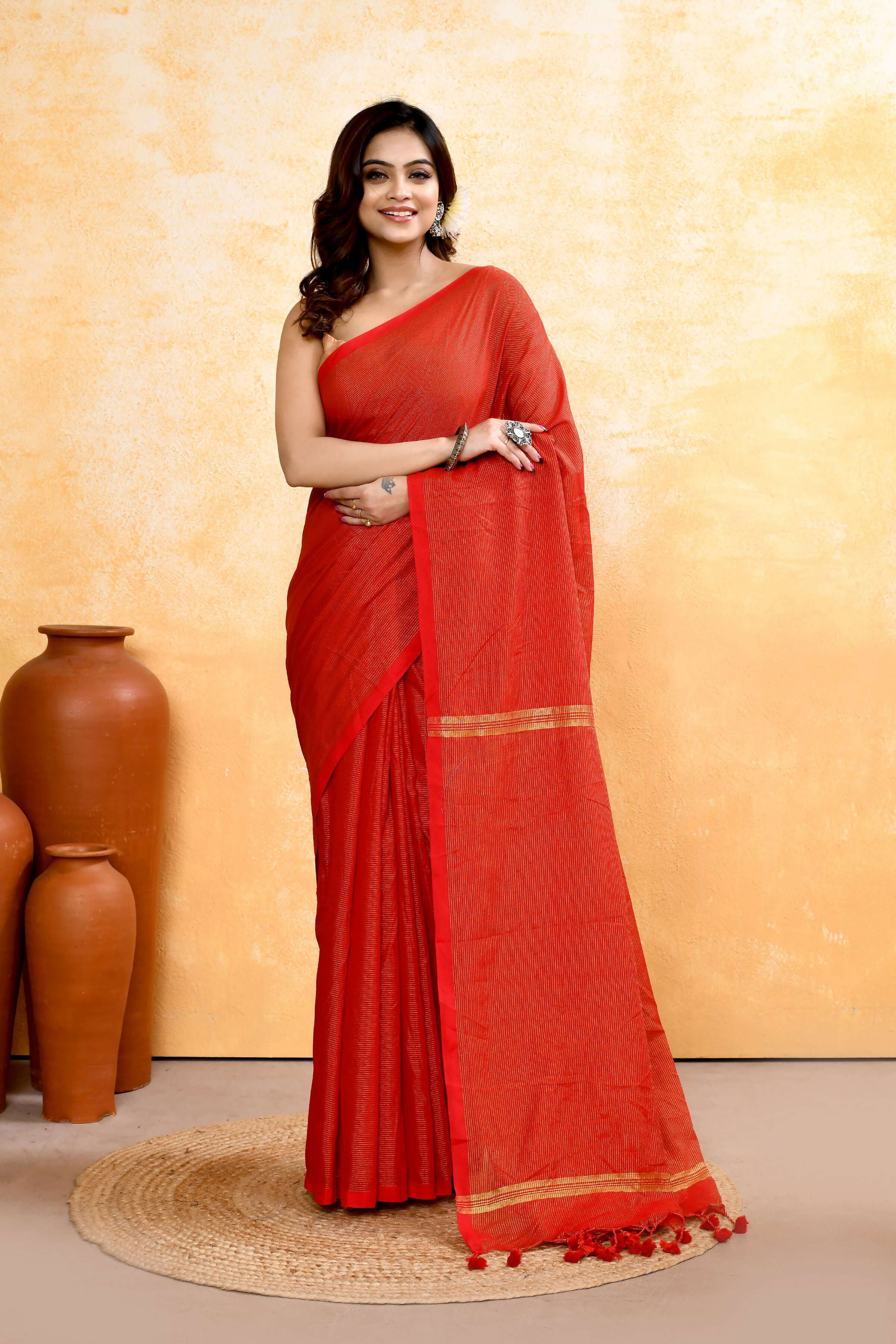 Piyari Fashion Women's Red Embellished Cotton Blend Zari Check Handloom Saree - Distacart