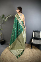 Joban Fashion Green Zari Weaving Motif Lichi Silk Banarasi Silk Saree - Distacart