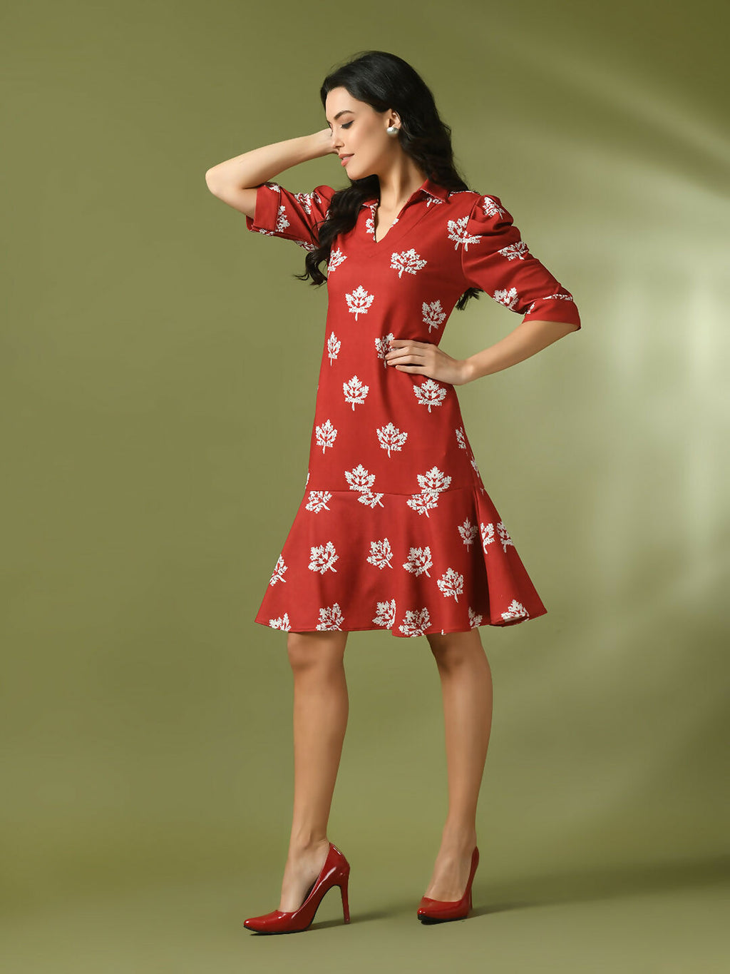 Myshka Women's Rust Printed Shirt Collar Fit and Flare Party Dress - Distacart