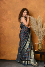 Very Much Indian Modal Silk Ajrakh Handblock Printed Natural Dyes With Designer Border Saree - Black