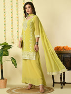 Myshka Women's Yellow Georgette Kurta & Skirt With Dupatta Party Sets