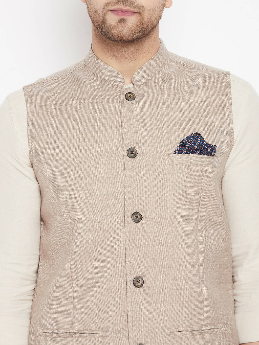 Even Apparels Cream Linen Men's Nehru Jacket-Contrast Lining-Inbuilt Pocket Square - Distacart