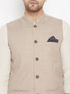 Even Apparels Cream Linen Men's Nehru Jacket-Contrast Lining-Inbuilt Pocket Square - Distacart