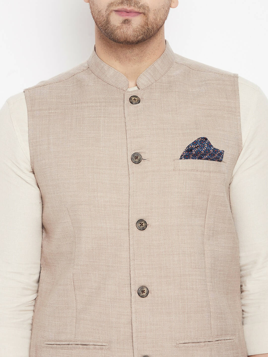 Even Apparels Cream Linen Men's Nehru Jacket-Contrast Lining-Inbuilt Pocket Square - Distacart