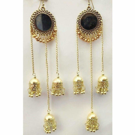 MS Fashion India Gold-Polished Oxidized Mirror Long Hanging Jhumkas Earrings