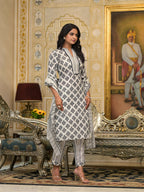 Juniper Women's White Floral Printed Cotton Kurta Pant With Dupatta Set With Lace