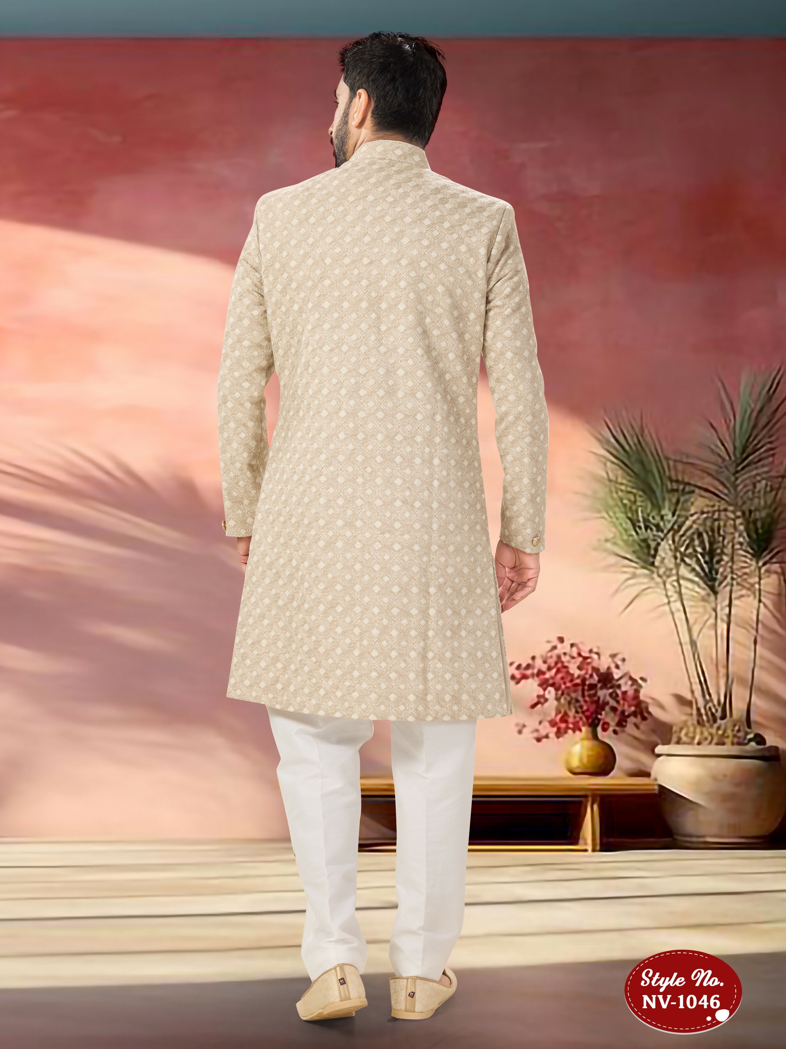 Joban Fashion Men's Beige Straight Swed Velvet Thread And Sequence Embroidary All Over Indo-Western Kurta Set