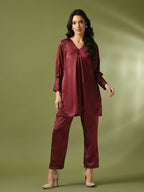 Myshka Women's Maroon Solid Satin V-Neck Party Tunic With Trousers Co-ord set