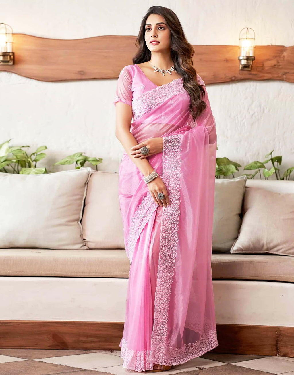 Joban Fashion Organza Pink & White Color Embroidery Saree - Distacart