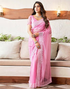 Joban Fashion Organza Pink & White Color Embroidery Saree - Distacart