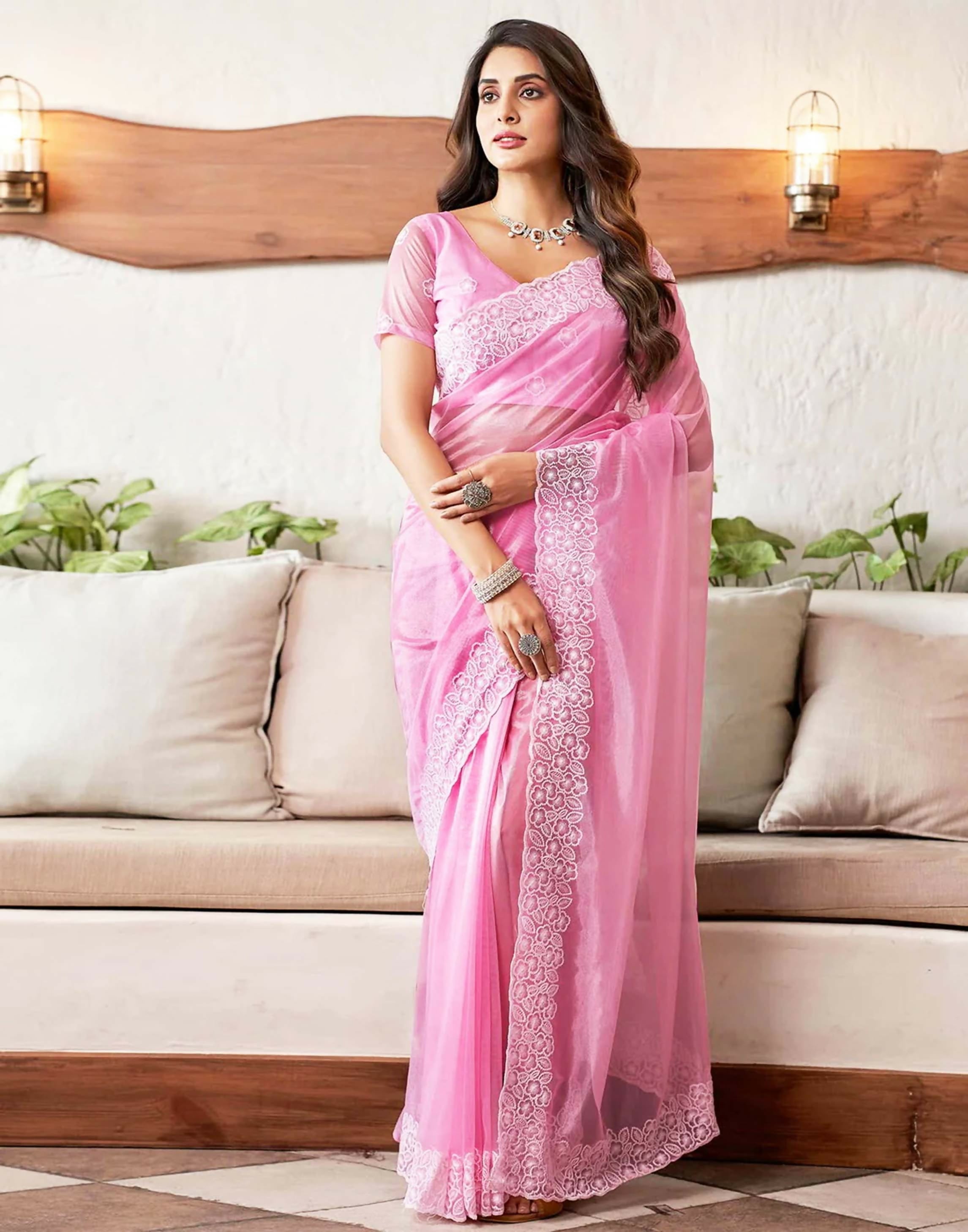 Joban Fashion Organza Pink & White Color Embroidery Saree - Distacart