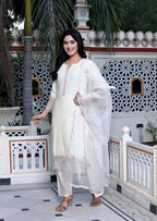 Miravan Women's Organza Cotton Chikankari Embroidered With Purple Sequence work Jaipuri Suit Set