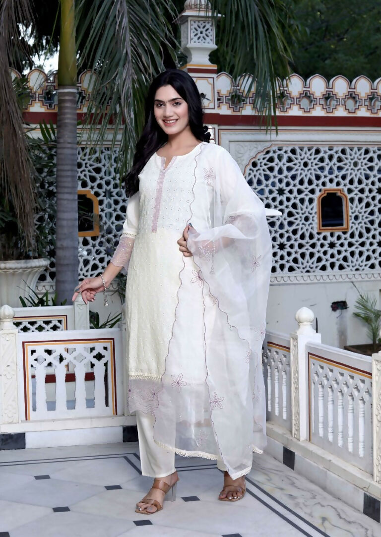 Miravan Women's Organza Cotton Chikankari Embroidered With Purple Sequence work Jaipuri Suit Set