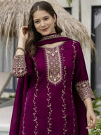 The52 Wine Beautiful Embroidered Vichitra Silk Fabric Straight Kurta, Palazzo and Dupatta Set - Distacart